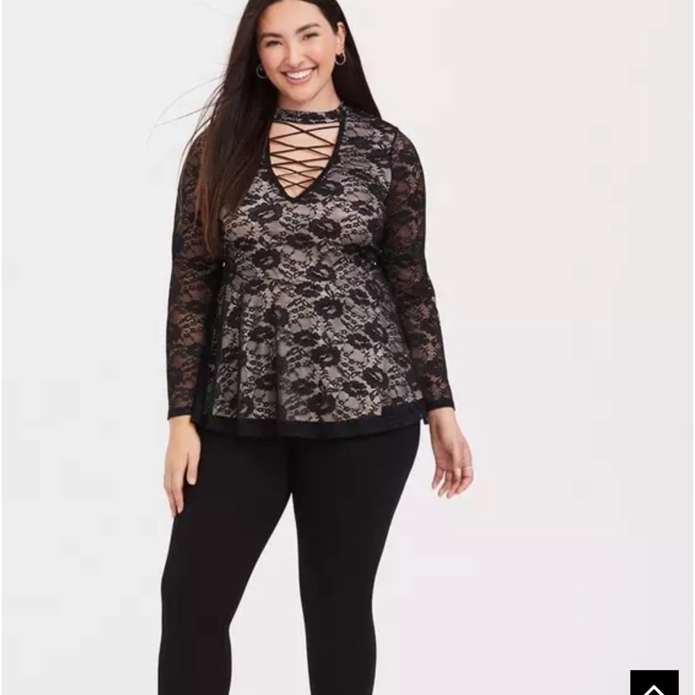 Torrid Black Lace up Lace Peplum shirt NWT